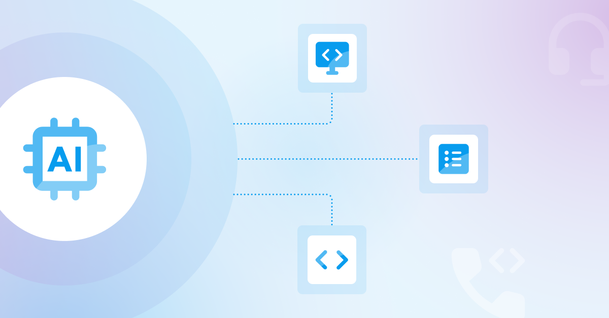 A digital illustration showing an AI microchip icon connected by dotted lines to three smaller icons representing a computer monitor, a checklist, and code brackets, symbolizing AI integration with software systems.