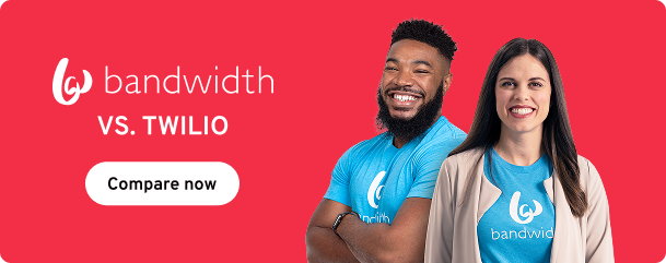 Red background with a male and female wearing blue Bandwidth t-shirts. "Bandwidth vs. Twillio" text and a "Compare now" button.