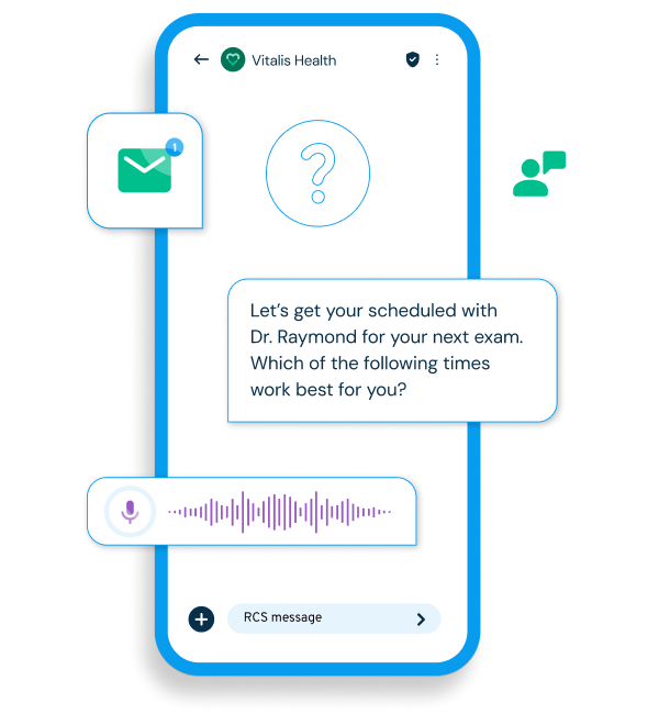 Phone screen showing a proactive outreach message from Vitalis Health: "Let's get you scheduled with Dr. Raymond for your next exam. Which of the following times work best for you?" A voice message waveform is visible, illustrating AI-assisted, multi-channel scheduling.