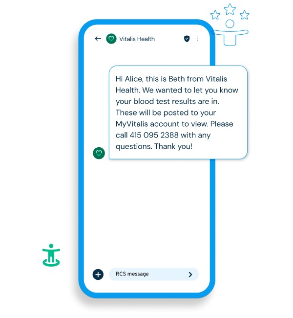 Phone screen showing a personalized RCS message from Vitalis Health: "Hi Alice, this is Beth from Vitalis Health. We wanted to let you know your blood test results are in. These will be posted to your MyVitalis account to view. Please call 415 095 2388 with any questions. Thank you!"