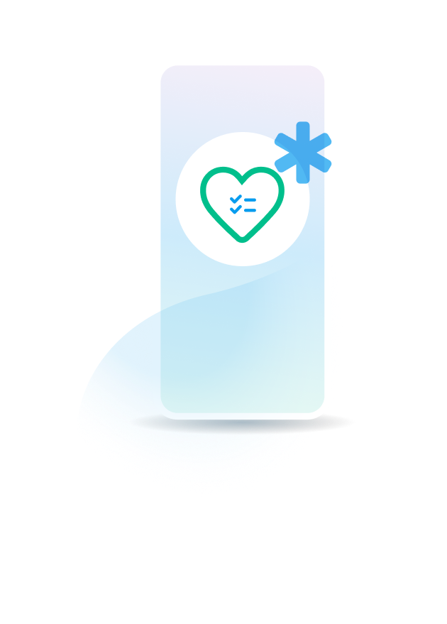 Stylized phone illustration with a soft blue-lavender gradient background, featuring a green heart icon with a checklist and a blue medical asterisk symbol. Decorative illustration representing trusted healthcare messaging.